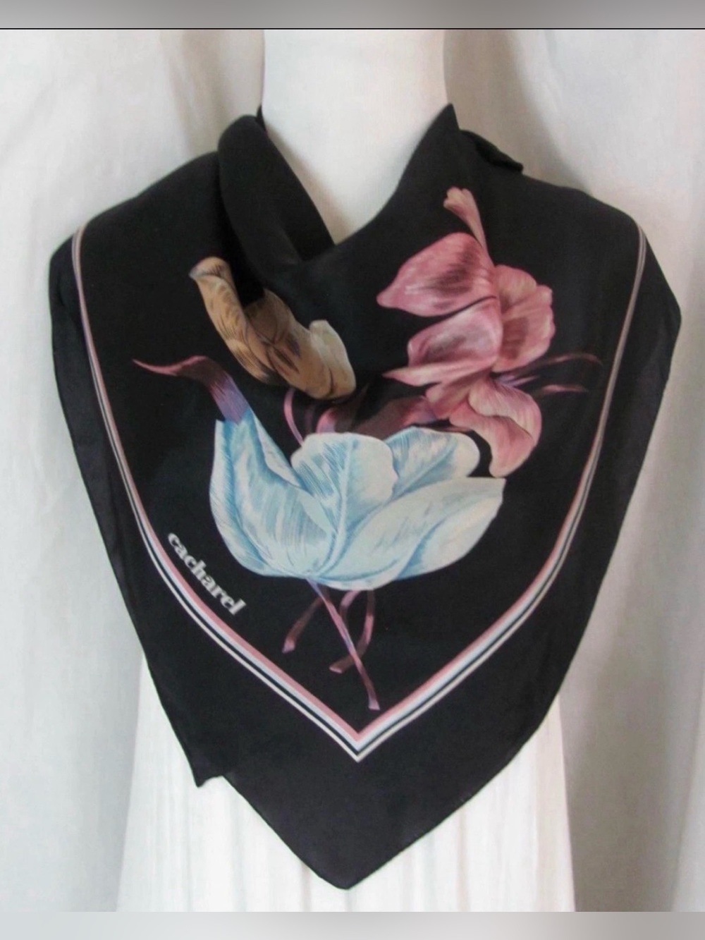 Vintage Silk Carharel Square Floral Silk Scarf 27x27